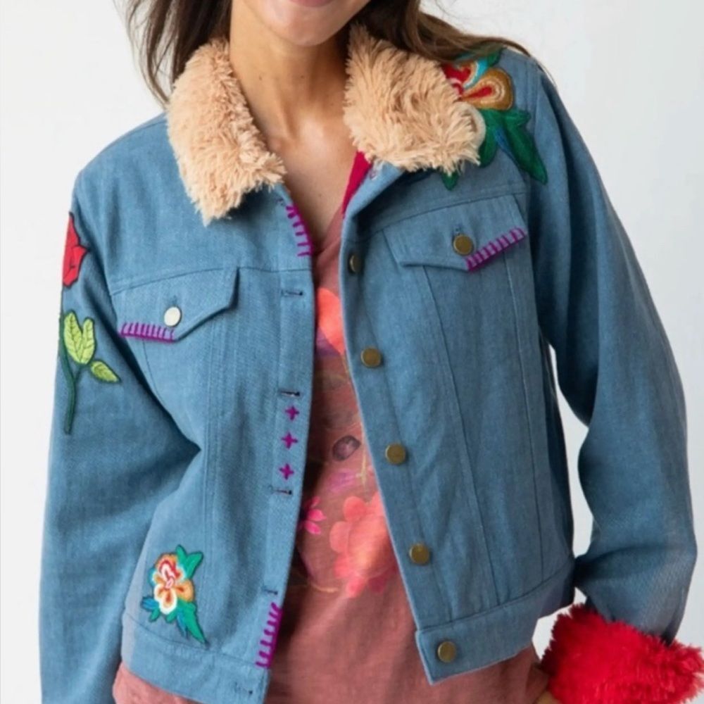 Natural life Tara embroidered denim jacket fuzzy faux fur ‎ floral boho festival
